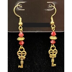 Handmade Key with Red Crystal Bead Gold Tone Earrings by Neanie-Bot